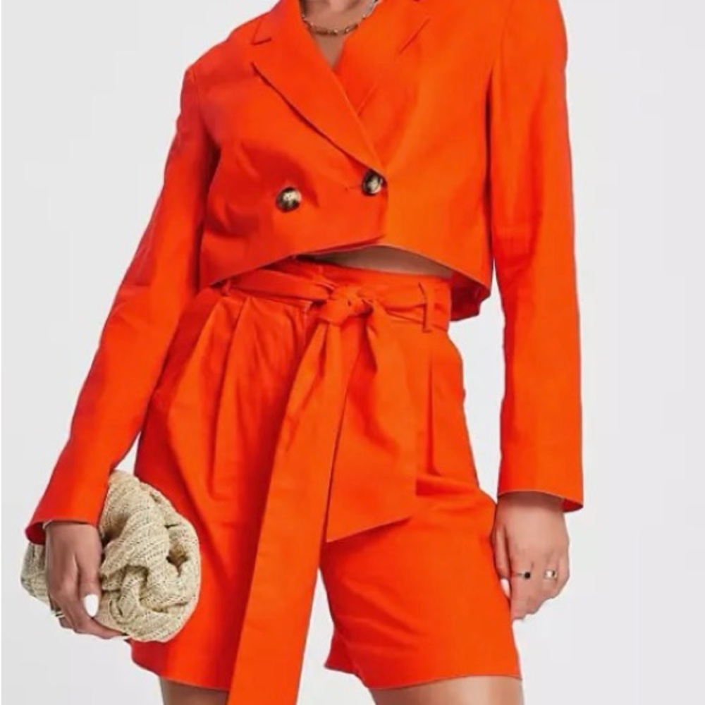 ASOS design linen paper bag waist shirt and cropped linen blazer set